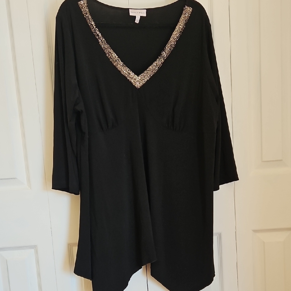 Fashion Bug Elegant Black V-Neck Top with Embellished Trim 2X